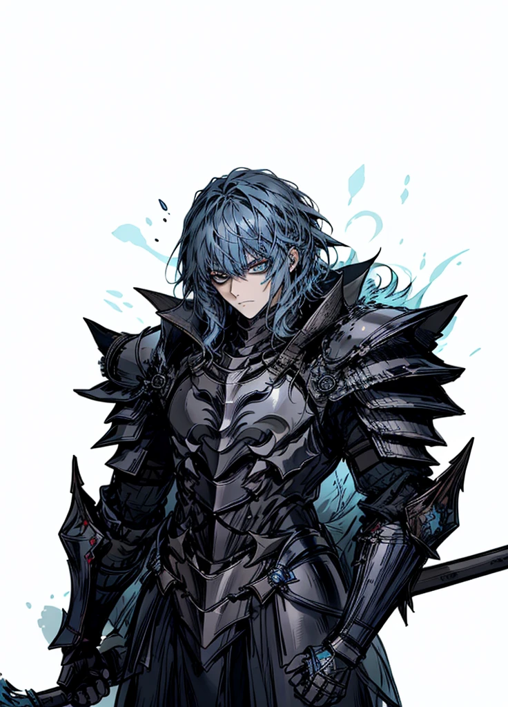 1boy,blue hair, blue eyes,obsidian armor, dark knight, tundra knight, legendary weapon,ice weapon,sfw,beautiful clothes, (high resolution, high detail, best quality), serious