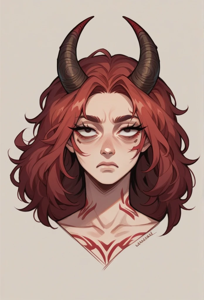Woman wearing stoic viking horn, Slanted eyes and big eyelashes , red mark neck,Red marks on the face like ink,Adolescent. Medium hair