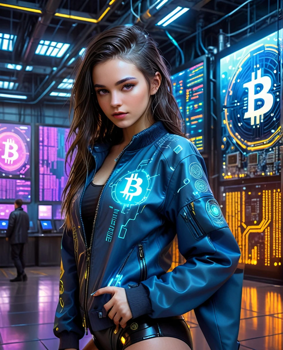 A pretty girl in cyberpunk jacket in a futuristic financial trading hall with high-tech miners mining Bitcoin, the Bitcoin symbol in a technological and electronic scenario, cyberpunk and futuristic, Science fiction, hightech, photo realist, best qualityer