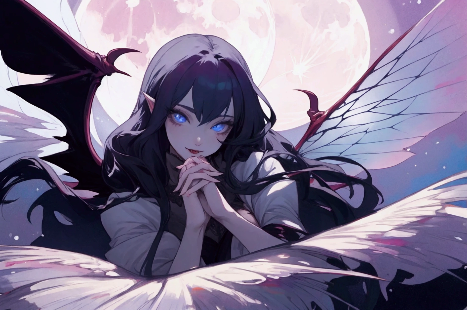 man vampire and beautiful woman fairy with fairy wings holding hands, moon in background, max quality, high details, detailed faces, beautiful eyes, 4K