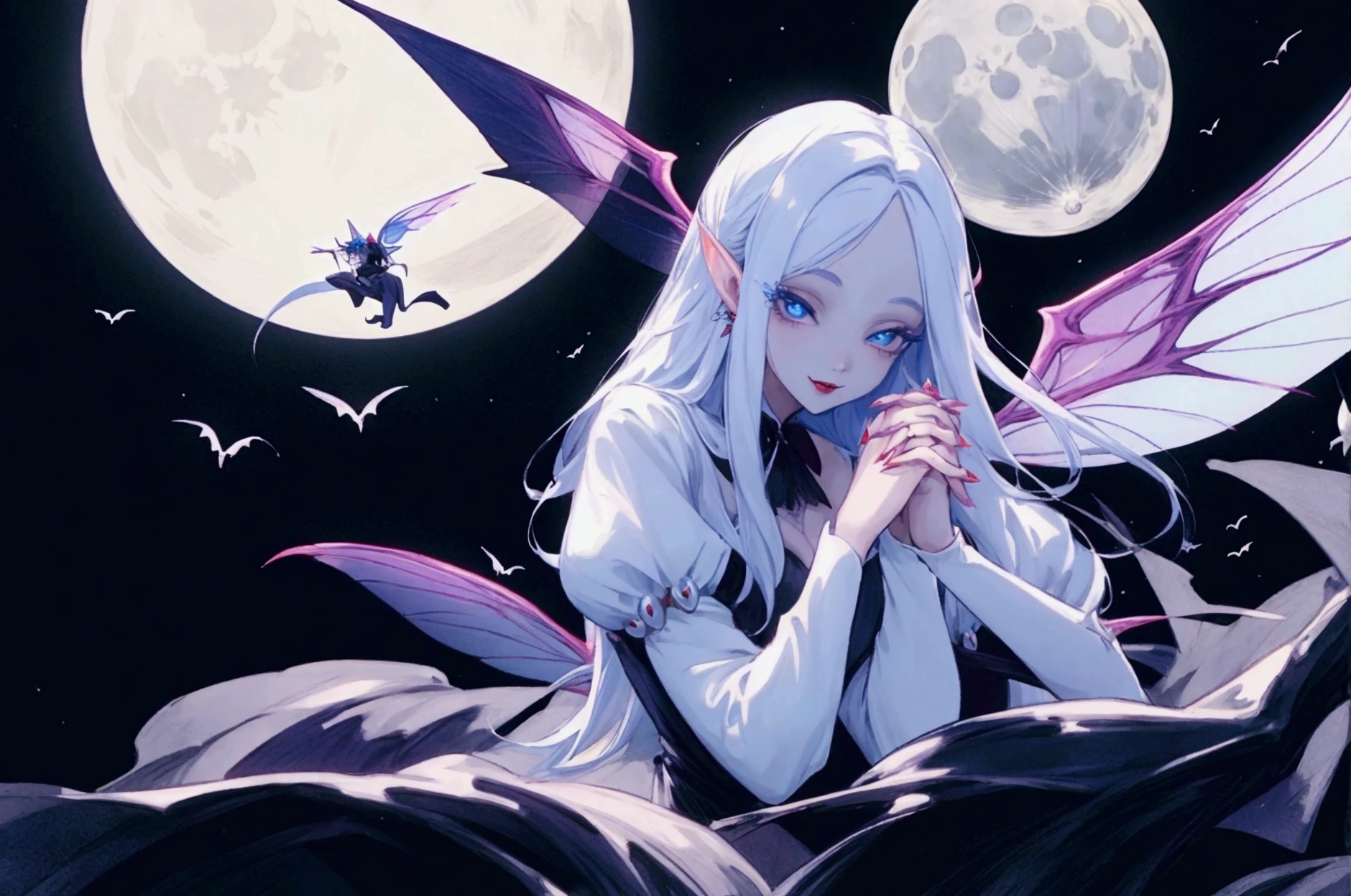 man vampire and beautiful woman fairy with fairy wings holding hands, moon in background, max quality, high details, detailed faces, beautiful eyes, 4K