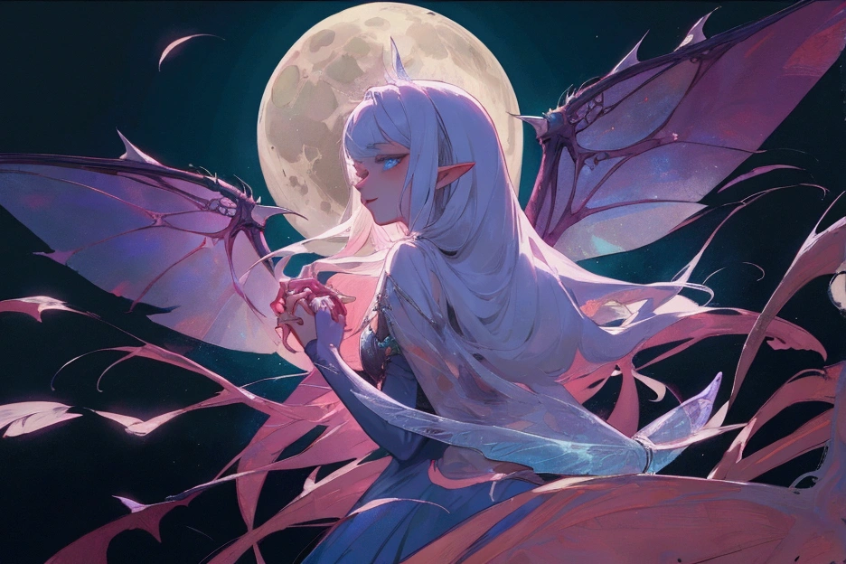 man vampire and beautiful woman fairy with fairy wings holding hands, moon in background, max quality, high details, detailed faces, beautiful eyes, 4K