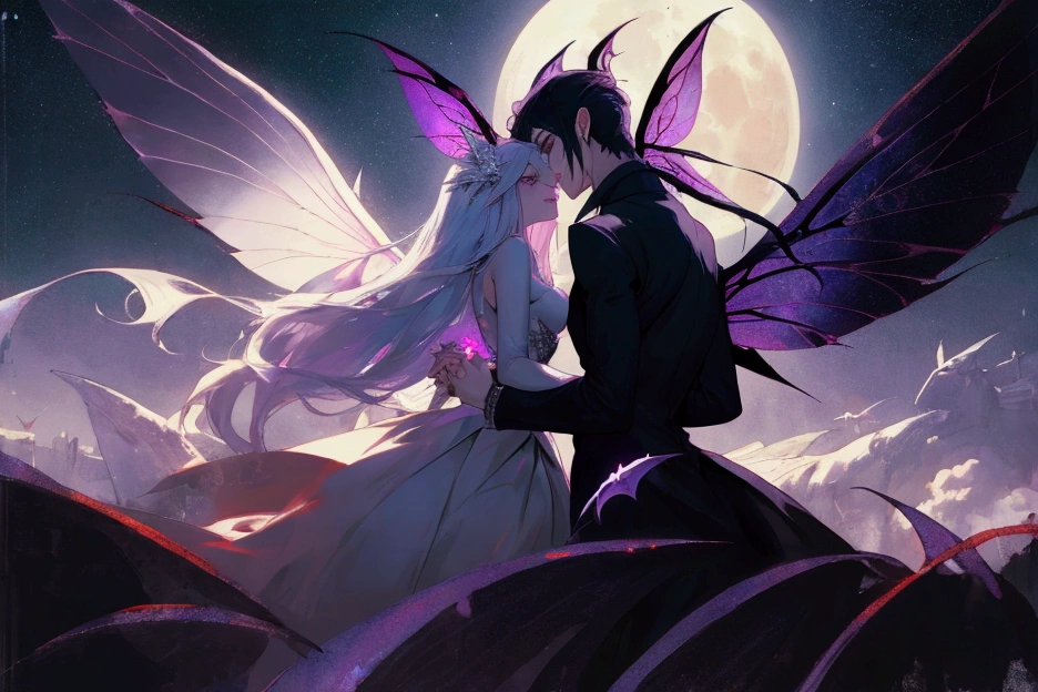 man vampire and beautiful woman fairy with fairy wings holding hands, moon in background, max quality, high details, detailed faces, beautiful eyes, 4K