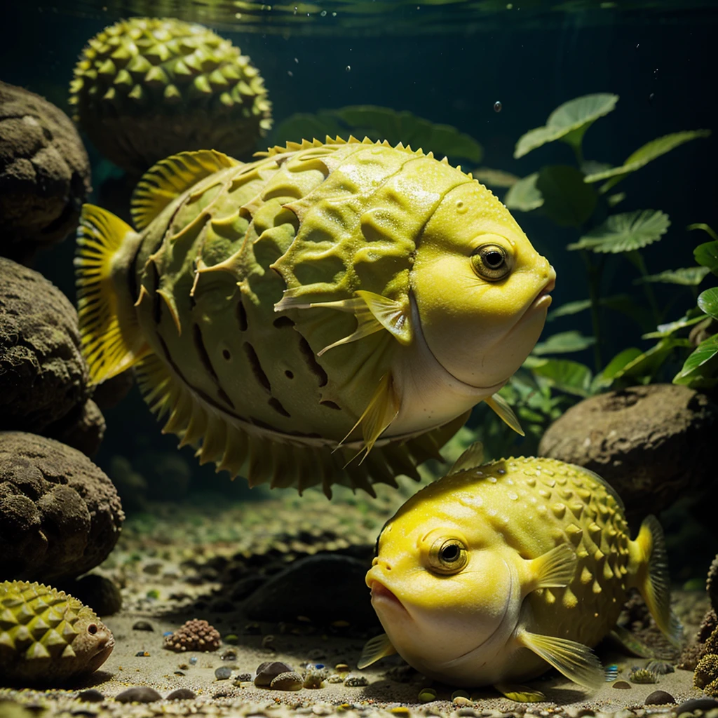 Puffer fish durian . In water , in aquarium. Green fish. Yellow eyes