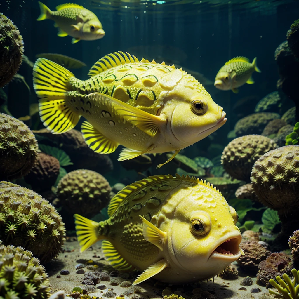er fish durian . In water , in aquarium. Green fish. Yellow eyes