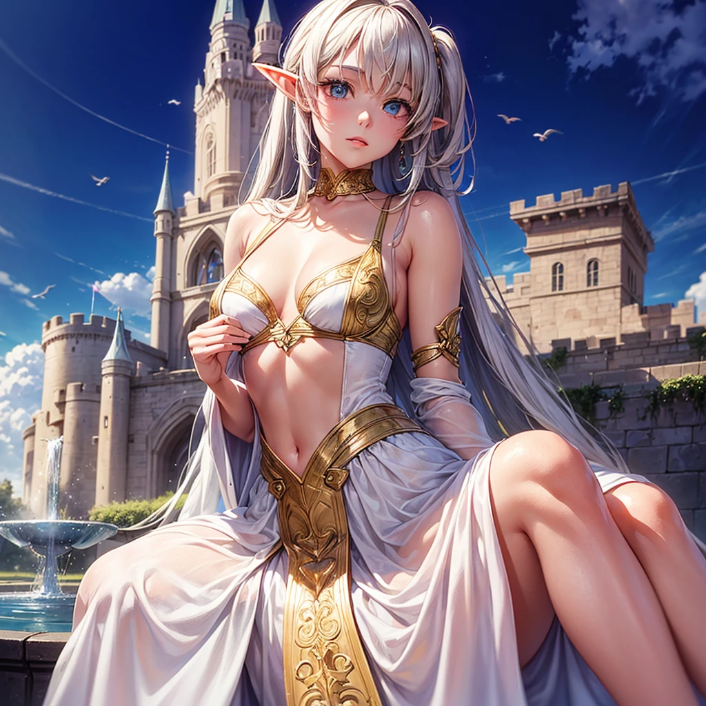 (Masterpiece, 4k resolution, ultra-realistic, very detailed,anime art style ), (elf theme, very beautiful, wearing a dress, in a fantasy world sitting at a fountain in a city, medieval theme. she is a queen, she is elegant)( 24 years old), (blue eyes), full body). (behind the fountain some distance away you can see a luxurious castle, white and a little gold), (the weather is sunny with a few clouds and birds flying in the upper right corner)