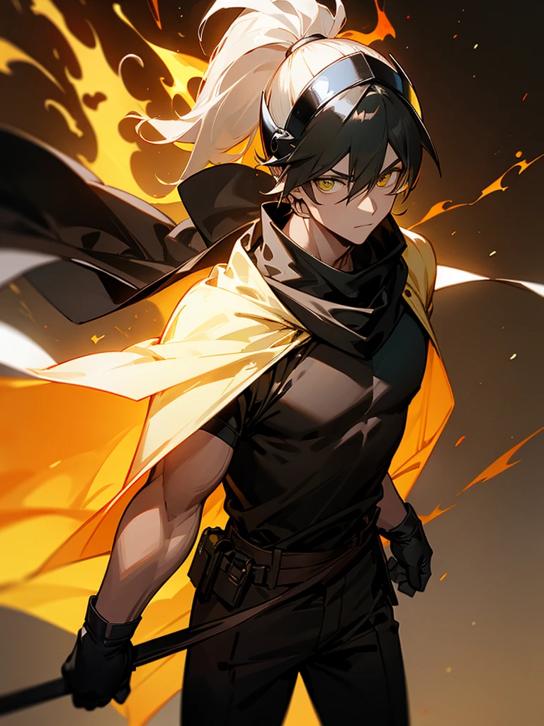 Yellow goggle helmet　Shadowed face Black gloves Ponytail Black T-shirt Brown pants Flame background White cape Black scarf Male