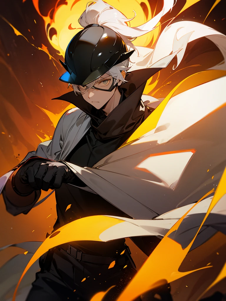 Yellow goggle helmet Shadowed face Black gloves Ponytail Black T-shirt Brown pants Flame background White cape Black scarf Male