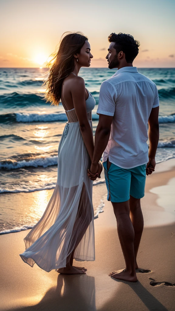 A hyper realistic image of a beach in the Caribbean with a couple holding hands. The beach has fine white sand, with crystal clear turquoise waters reflecting the clear blue sky. The couple is on their feet, facing away from the camera, looking at the horizon where the sun is starting to set, dyeing the sky with shades of orange and pink. They are holding hands, with serene and loving expressions. The woman wears a light, flowing dress that dances in the gentle sea breeze, while the man wears light shorts and an open linen shirt. Hyper realistic details include the textures of your skin, strands of hair moving with the wind, and the golden reflections of the sunset light on their skin and in the water. Small waves gently break on the sand around your feet, and some shells are scattered on the beach. The image must capture every minute detail, from facial expressions to shadows and reflections, conveying a sense of tranquility, romance and natural beauty