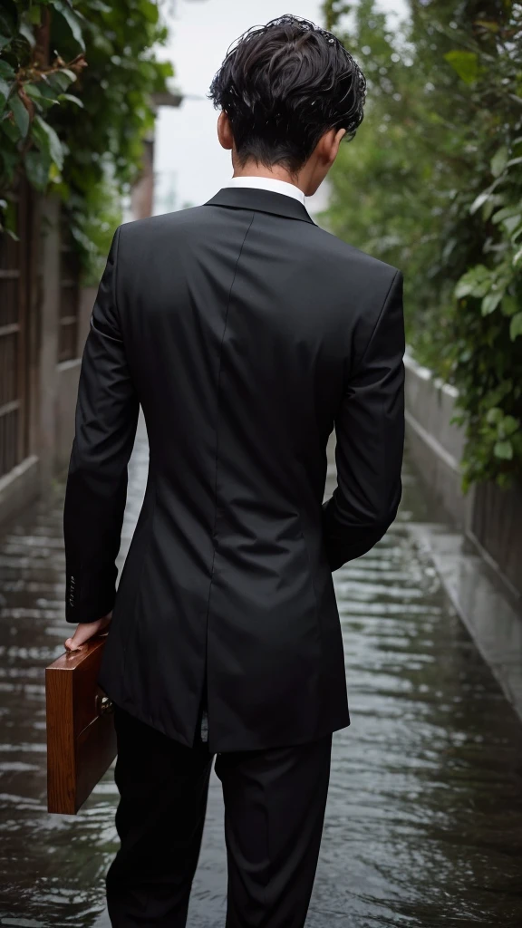 Rain Black suit Mourning clothes Man Back view On the way home 1 person Mourning clothes Black suit man Right hand holding a glass of tequila Flowers and a photo of a boy placed in a coffin