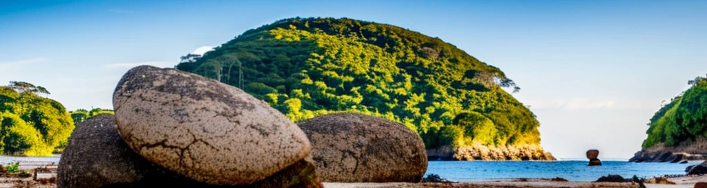 2 oval-headed aliens sitting on a rock on the coast in a clearing in the Atlantic forest looking at the sea