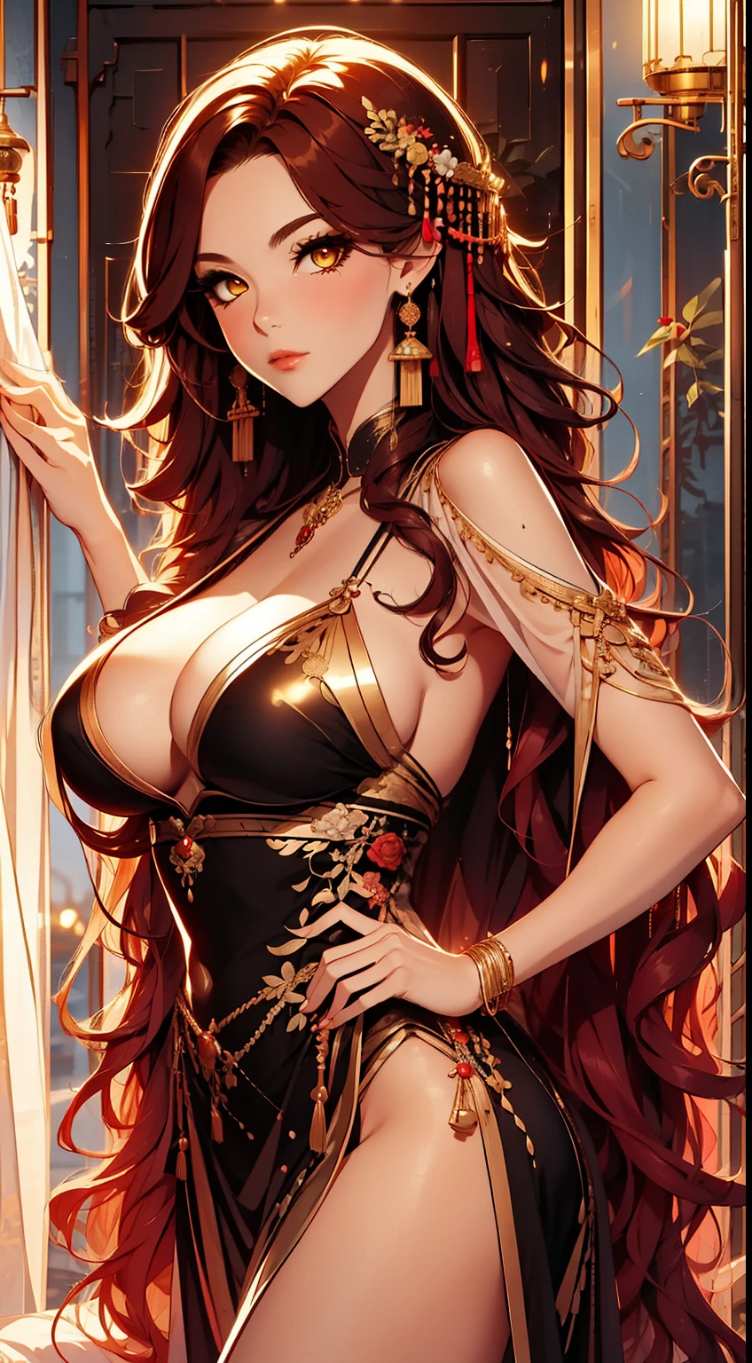 beautiful, Mark, queen Mark, black dress, deep cleavage, wavy red hair, golden eyes, Good, pool curtain, ????, sensual, looking back