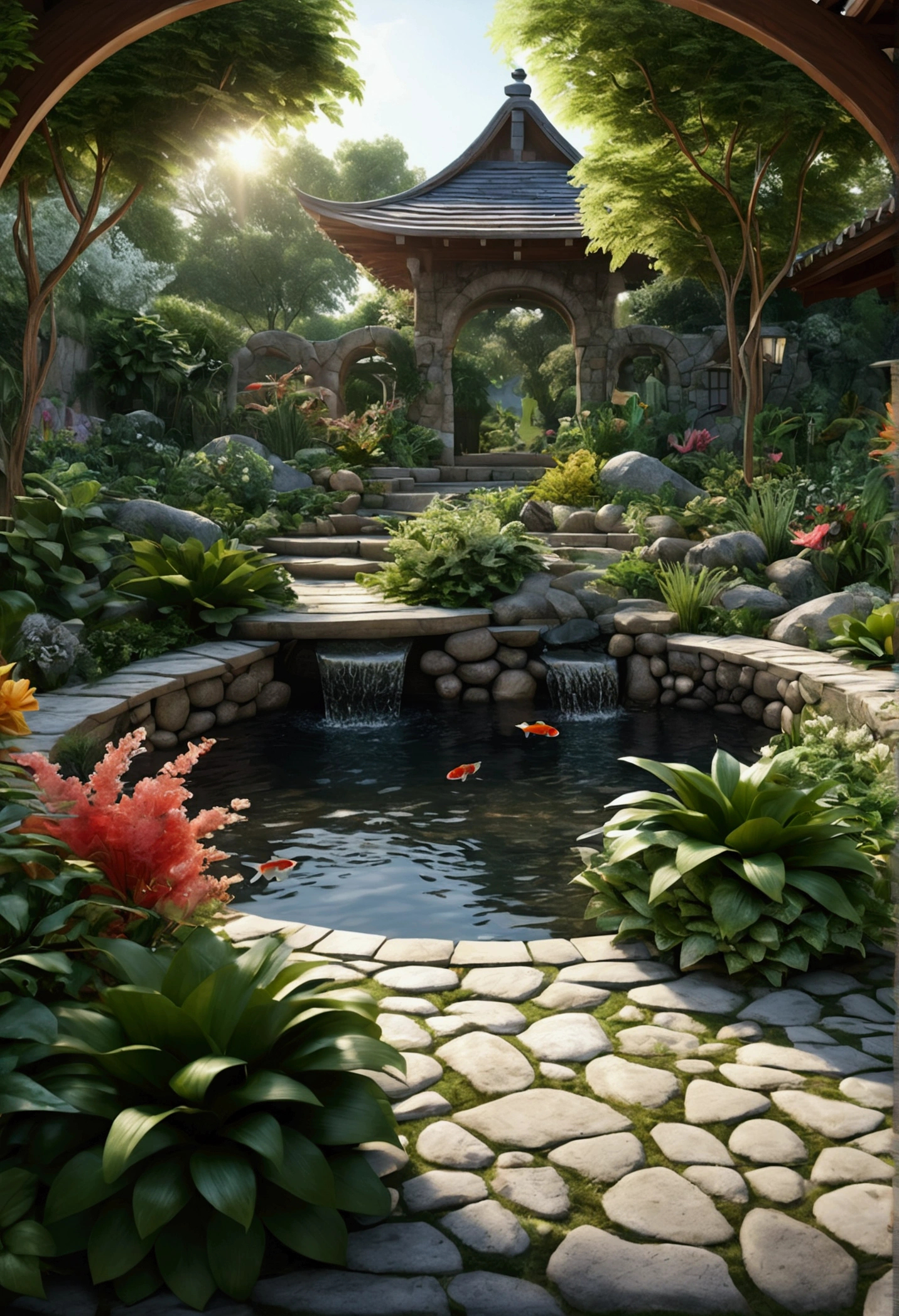 (best quality,4k,8k,highres,masterpiece:1.2),ultra-detailed,(realistic,photorealistic,photo-realistic:1.37),indoor home garden,lush greenery,sunlight filtering through leaves,stone path,wooden benches,flower beds,pond with koi fish,stone fountain,hanging vines,warm lighting,vibrant colors,natural scenery