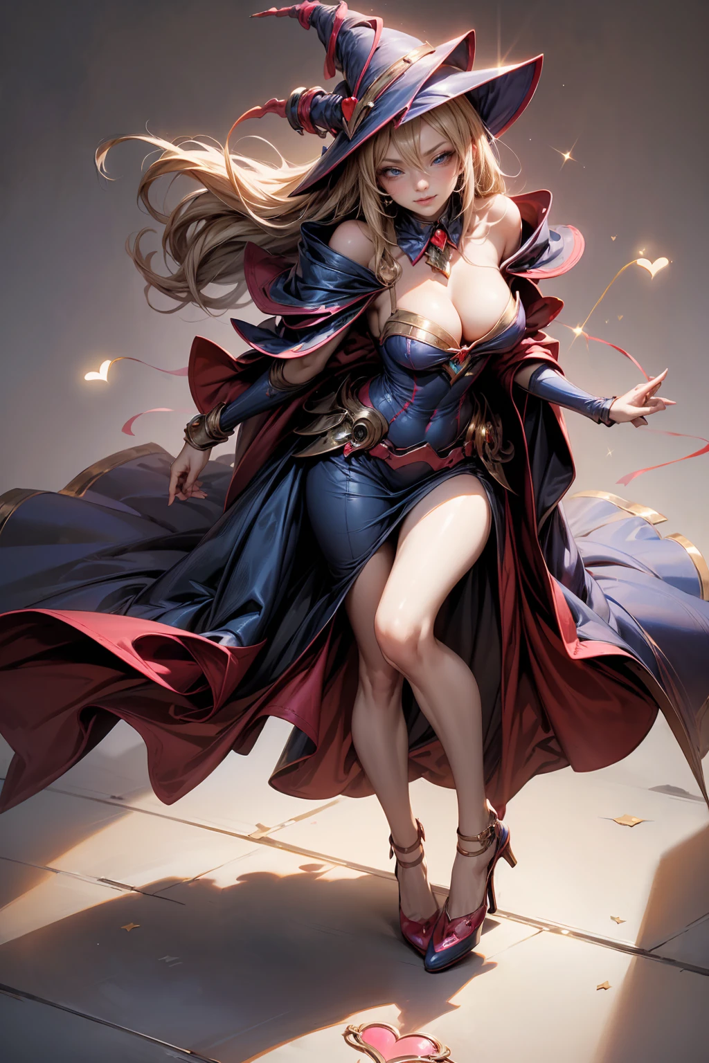 (Masterpiece:1.2), (The best quality:1.2), perfect lighting, Dark Magician Girl casting a spell, in battle. floating in the air, visible medium tits, transparent neckline, blue robe, big hat, From above, sparkles, Yugioh game, The magic of the heart. LIGHTS OF THE HEART, romantic heart. She wears gold heels. In heels. heels