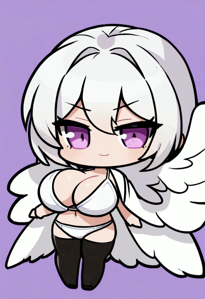 1girl, ((long)) white hair, violet eyes,  , white bikini, black stockings, smirk, angel wings on back, chibi style