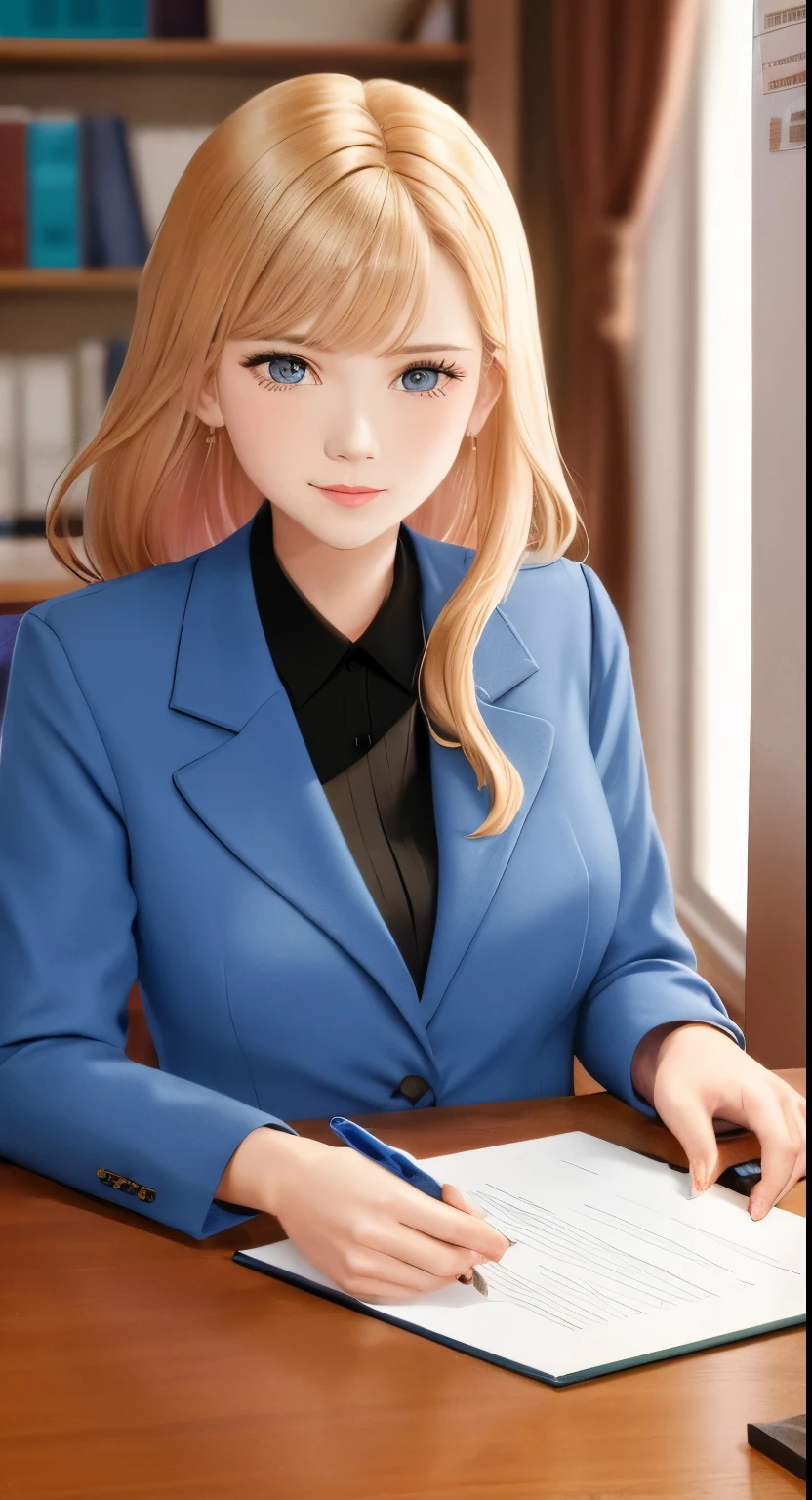 /draw blond woman sitting at desk talking on telephone with computer monitor, 1 9 8 0 s business fashion, business woman, 1 9 8 0 s woman, woman in business suit, young business woman, denis velleneuve, female in office dress, sat at her desk, female lawyer, wearing a strict business suit, serious business, working hard, portrait of kim wexler