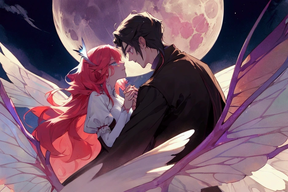 man vampire and woman fairy with fairy wings holding hands, moon in background, max quality, high details, detailed faces, beautiful eyes, 4K