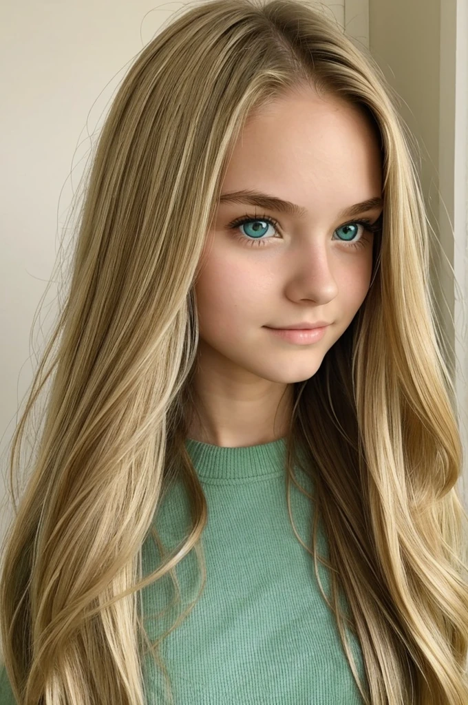 girl measuring 168cm blonde with long hair and bare forehead warm green eyes quite outgoing