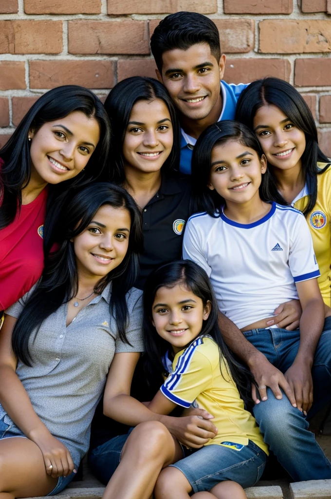 Family of four enjoying the Colombian national team match Mama Viviana black hair Papa Javier black hair Girl Isabella black hair Teenager Lenny black hair 