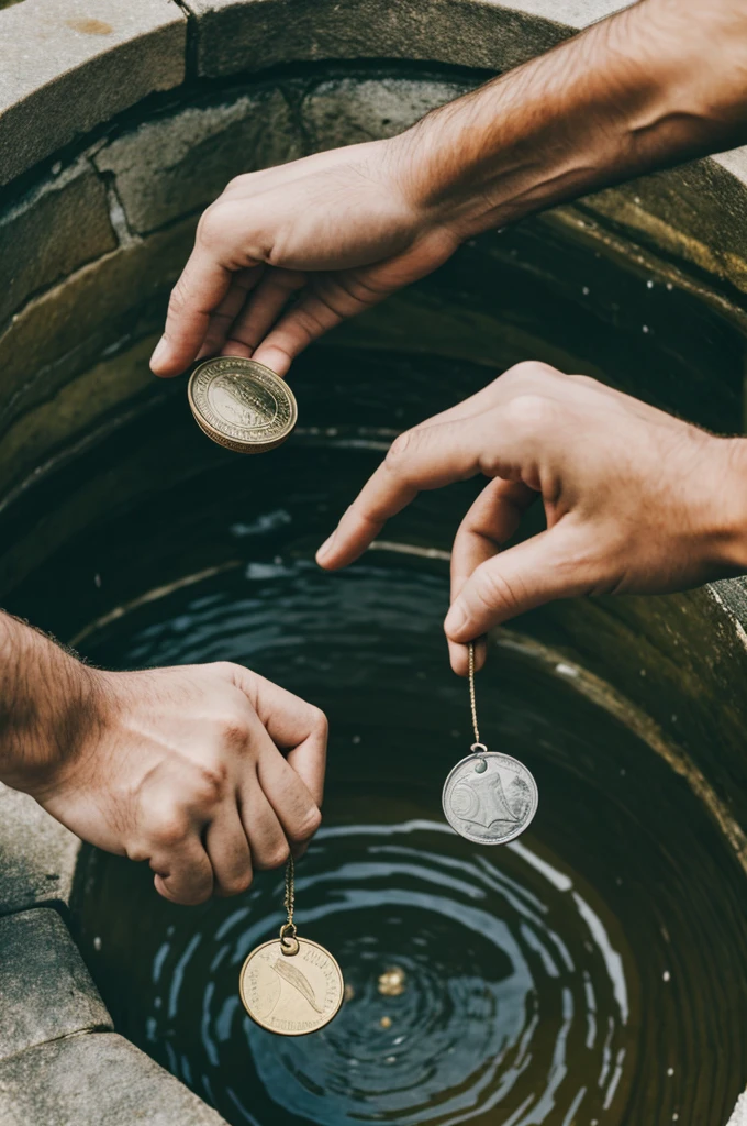 A hand throws a coin into the well