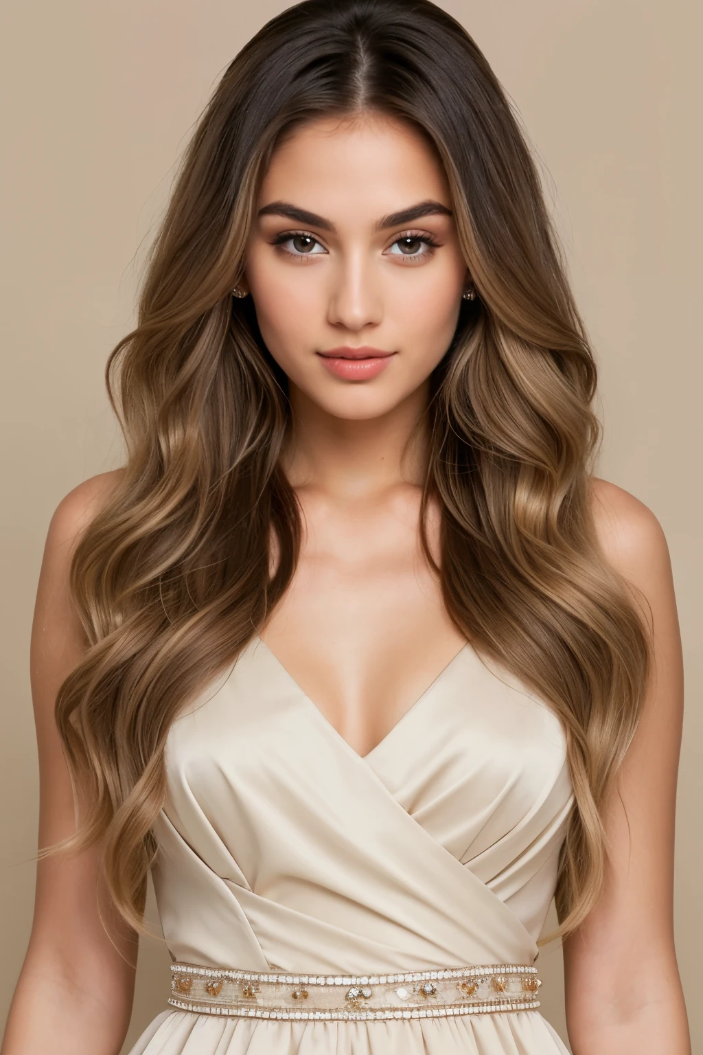 ((Best Quality)), ((Masterpiece)), (detailed), Sensual model staring straight ahead, showing very long hair over the shoulders, Medium shot photography, in professional photo studio with gray background, resolution of 3000 pixels on the longest side, professional makeup, 3d eyebrows, false eyelashes, very long hair with extensions, beige wavy hair with Bajayage highlights, 3 light professional lighting, right main light, left fill light, and left rear diagonal, trim light, with beige dress, wearing hair over shoulder, About the dress, mechas color beige, you have to show your hair more
