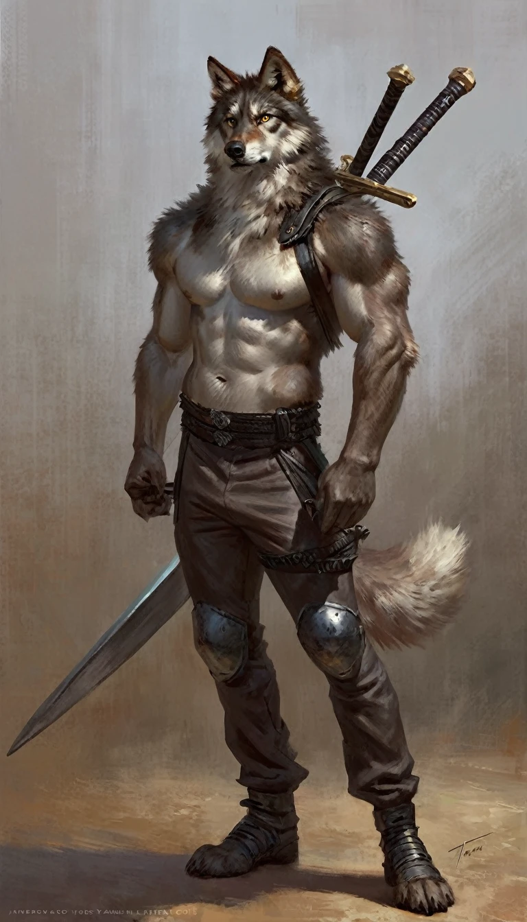 Anthro male yellow-eyed gray wolf resting a large two-handed sword on his shoulder, posing, alone, arrogant expression, artwork, best art, full body, by taran violinist, detailed eyes, detailed body, claws, tall, topless , pectorals, abdomen, nipples, canes, armored pants, bandolier, 