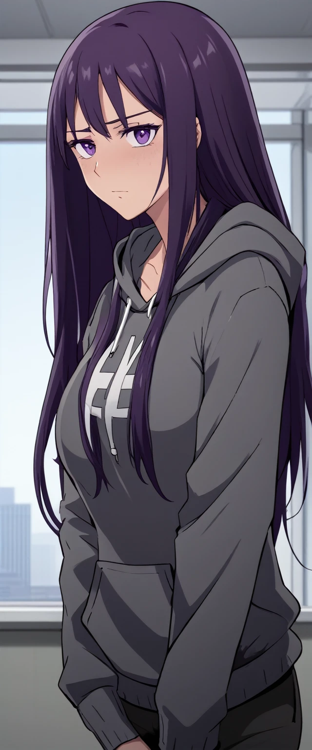 (masterpiece:1.37), best quality, (extremely detailed:1.37), (1girl:1.5), woman, (mature:1.5), (adult:1.5), large breasts, very long hair, (straight hair:1.5), (very dark purple hair:1.5), purple eyes, (extremely detailed eyes:1.37), hoodie, jeans, desperation, (wetting self:2.0), standing, embarrassed, humiliation, blushing, angry, (crossed arms:1.5), office, indoors, window, cityscape, full body