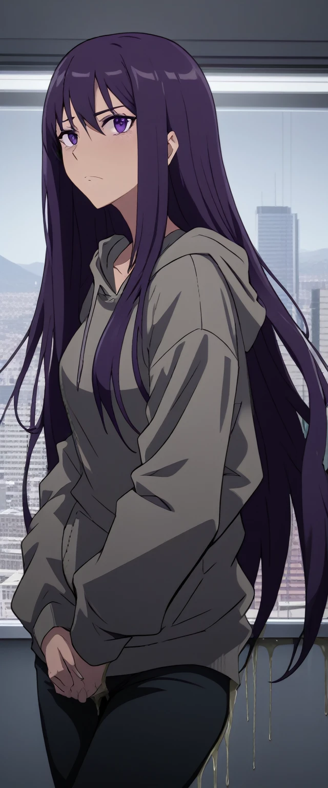 (masterpiece:1.37), best quality, (extremely detailed:1.37), (1girl:1.5), woman, (mature:1.5), (adult:1.5), large breasts, very long hair, (straight hair:1.5), (very dark purple hair:1.5), purple eyes, (extremely detailed eyes:1.37), hoodie, jeans, desperation, (wetting self:2.0), standing, embarrassed, humiliation, blushing, angry, (crossed arms:1.5), office, indoors, window, cityscape, full body