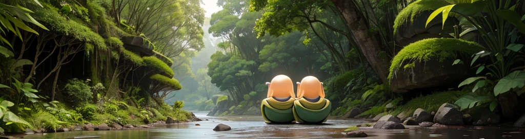 2 oval-headed aliens sitting on a rock on the coast in a clearing in the Atlantic forest looking at the sea