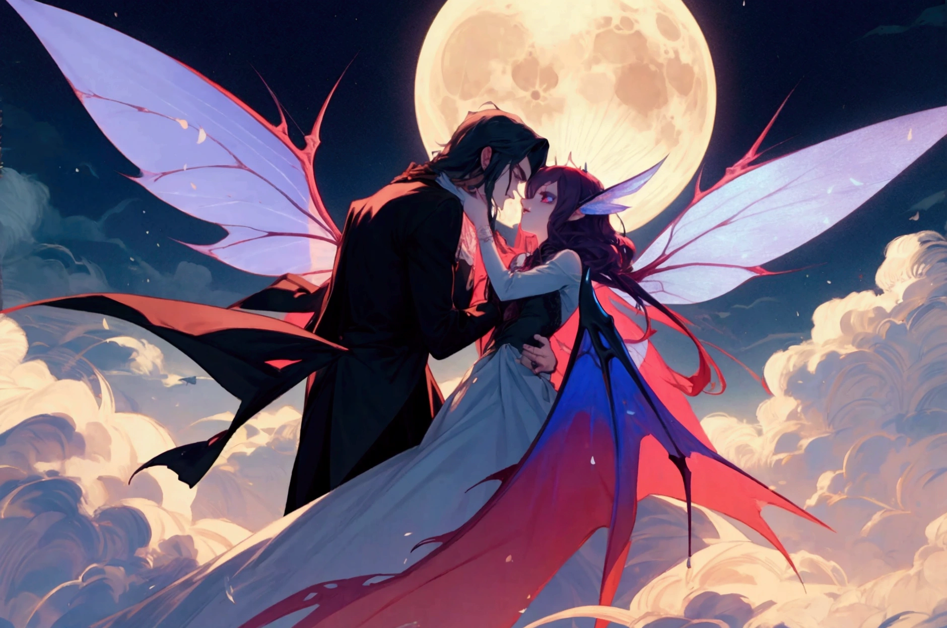 man vampire and woman fairy with fairy wings holding hands, moon in background, max quality, high details, detailed faces, beautiful eyes, 4K 