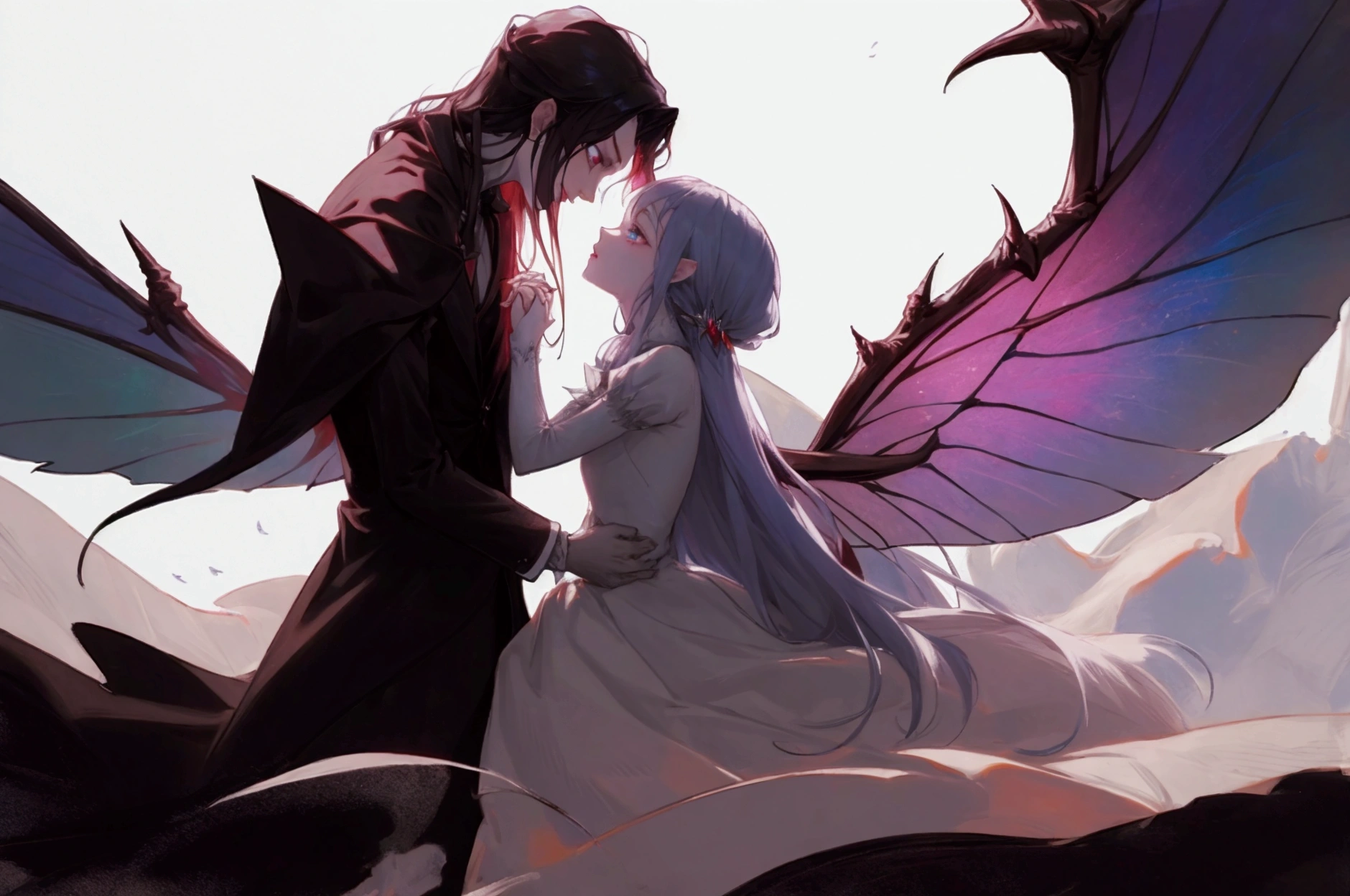 man vampire and woman fairy with fairy wings holding hands, moon in background, max quality, high details, detailed faces, beautiful eyes, 4K