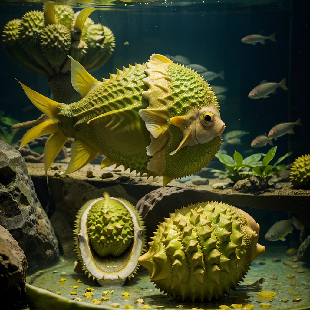 ((fish durian)) . In water , in aquarium. Green fish. Yellow eyes