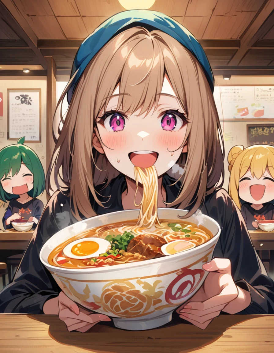 Summer afternoon、A high school girl is eating a giant bowl of ramen in a ramen shop with gusto.。She is a food fighter、She is smiling as she brings a bowl of steaming ramen to her mouth.。My face is sweating just a little bit、The expression is one of satisfaction.。Her eating style and smile brighten up the atmosphere in the restaurant.、The other customers smile at the sight.。