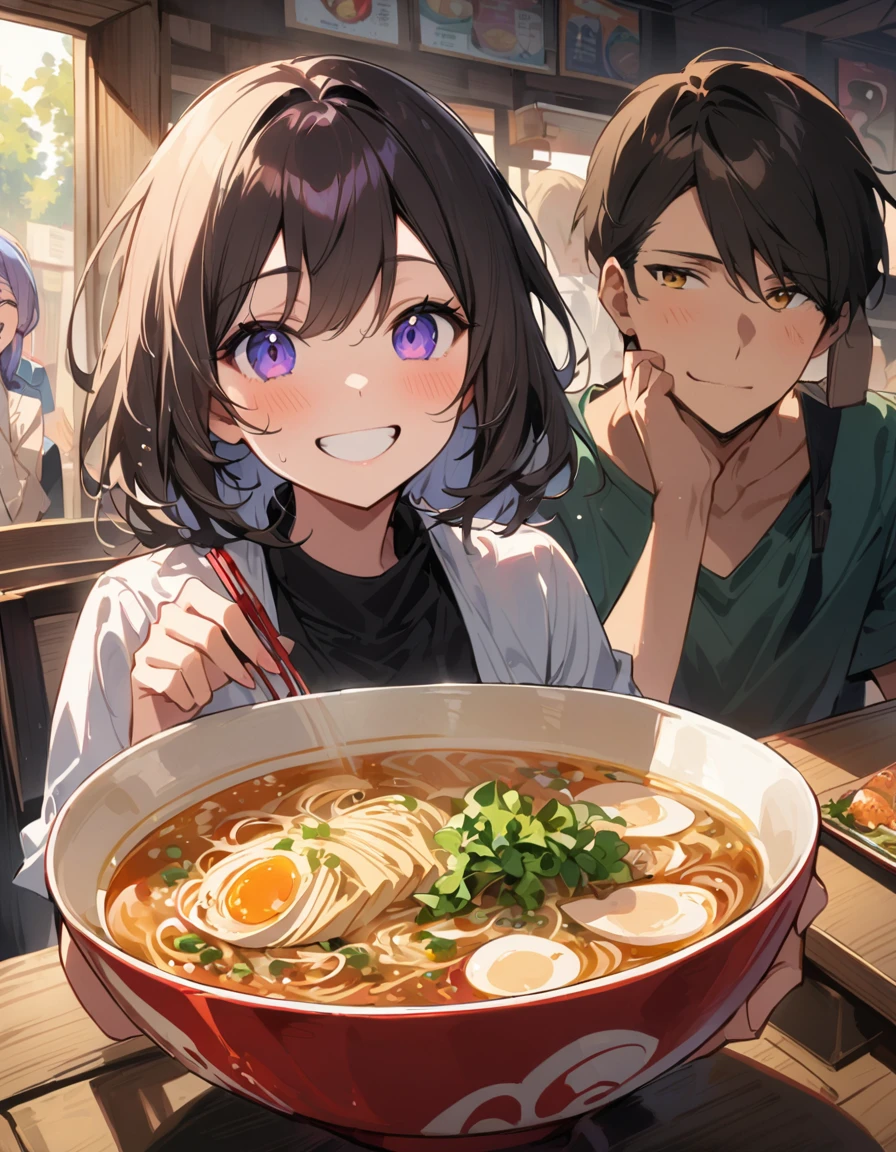 Summer afternoon、A high school girl is eating a giant bowl of ramen in a ramen shop with gusto.。She is a food fighter、She is smiling as she brings a bowl of steaming ramen to her mouth.。My face is sweating just a little bit、The expression is one of satisfaction.。Her eating style and smile brighten up the atmosphere in the restaurant.、The other customers smile at the sight.。