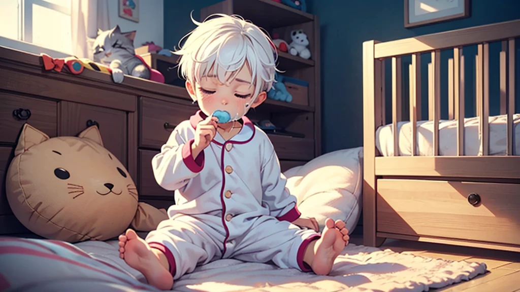 A teenage boy with white hair in a large nursery, chewing on a teething ring, playing with baby toys, wearing a onesie pajama, drooling, wearing a diaper, sleeping in a crib, holding a cat plush, high quality, extremely detailed, highly detailed, masterpiece, soft lighting, warm colors, pastel colors, adorable, cute, 
