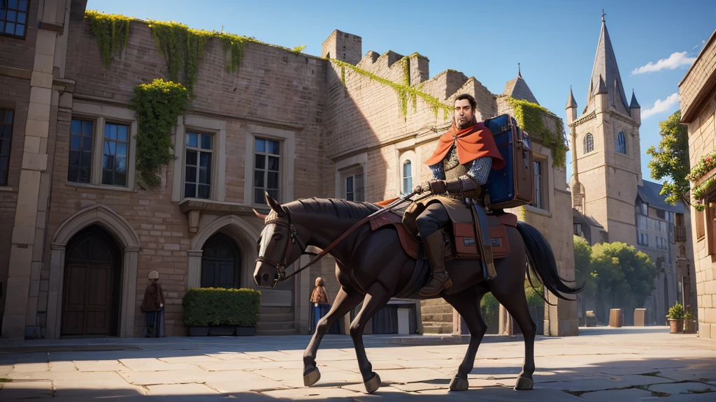 man of average height, arriving in a medieval era city, with luggage on his back, the city has big walls, distant perspective.
