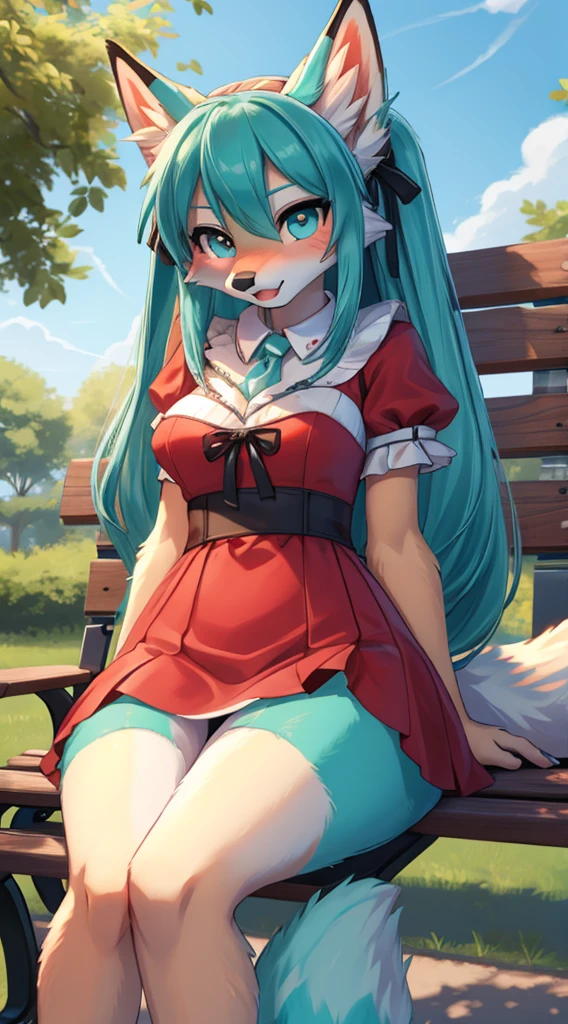 Hatsune miku vixen aqua fur, fox face elongated snoutMasterpiece High quality High resolution、Anna Tanaka , broad, Sit with your knees bent、Eight-headed body、beauty legs 、on a park bench add_detailsl,As if looking up from below、embarrassed add_detail:1, very horny teen, horny expresion face add_detailsl, bitch in heat, bleding add_detailsl, sugestive red dress add_details