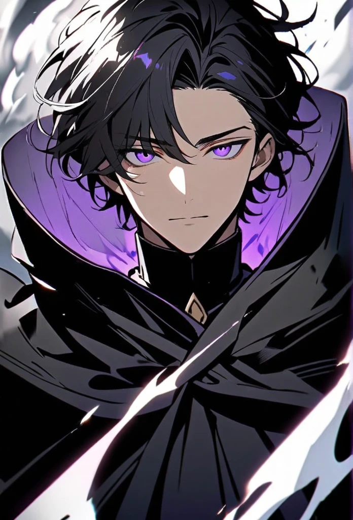 male, solo, handsome, black hair, purple eyes, black cloak, white aura, main face, front face
