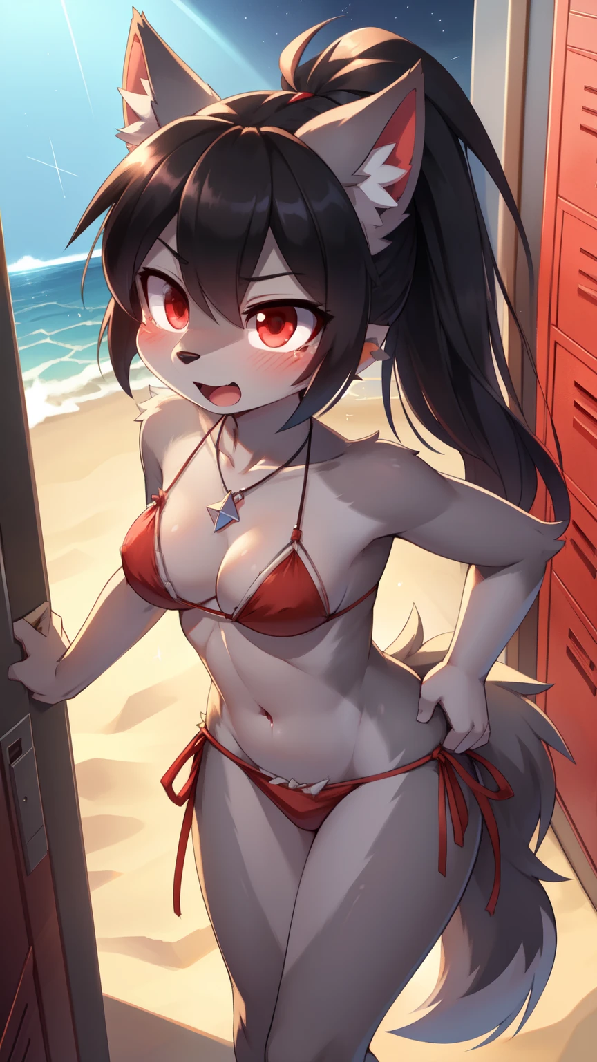 score_9,score_8_up,score_7_up, source_cartoon, source_furry, furry girl, wolf, black hair, punk hairstyle, huge long spiky ponytail, anime style, small breasts, red eyes, ((deep red bikini ruffled triangle, high cut bottom, star necklace, beach sarong with shooting stars on hips)), high quality, detailed body, detailed eyes, detailed face, masterpiece, glistening body, detailed body fur, best quality, two tone body, gray fur, clear gray fur, perfect lighting, perfect shadows, perfect eyes, perfect hair, perfect face, gorgeous body, skinny, shy, standing, glowing red eyes, outdoors, from above, dynamic action shot, speed lines, motion blur, solo, open mouth, navel, blush, indoors, side-tie bikini bottom, cowboy shot, locker, untied bikini, standing, groin, letterboxed, bare shoulders, stomach, undressing, cleavage, bare arms, ass visible through thighs,
