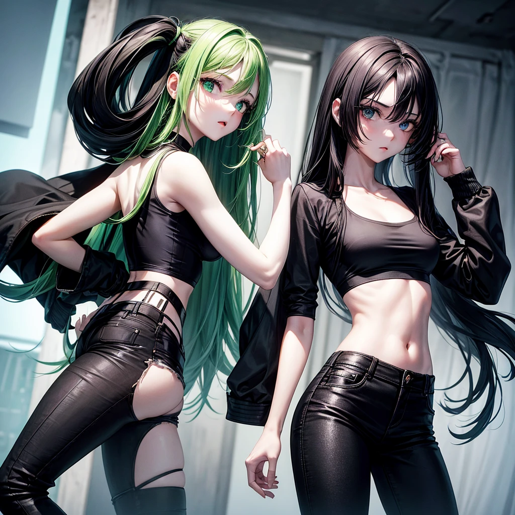 Generate an image of a girl, she has pale skin, her eyes are slim and the color green, her hair straight and long it is the color black, she is wearing a black crop top and baggy black jeans