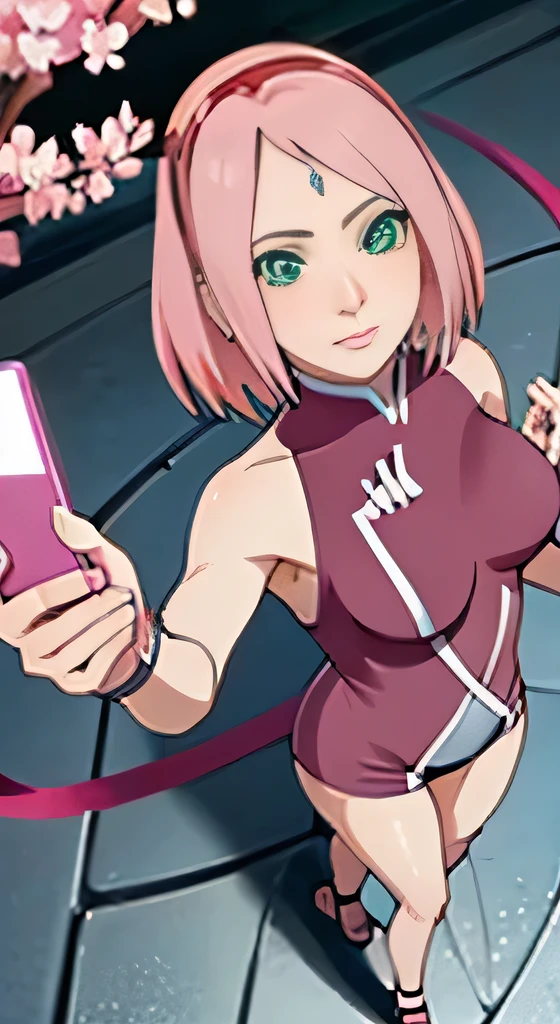 Mature Sakura Haruno small breasts, thin legs, pink hair green eyes, illuminated, blushing looking up, taking a selfie, ((aerial view))