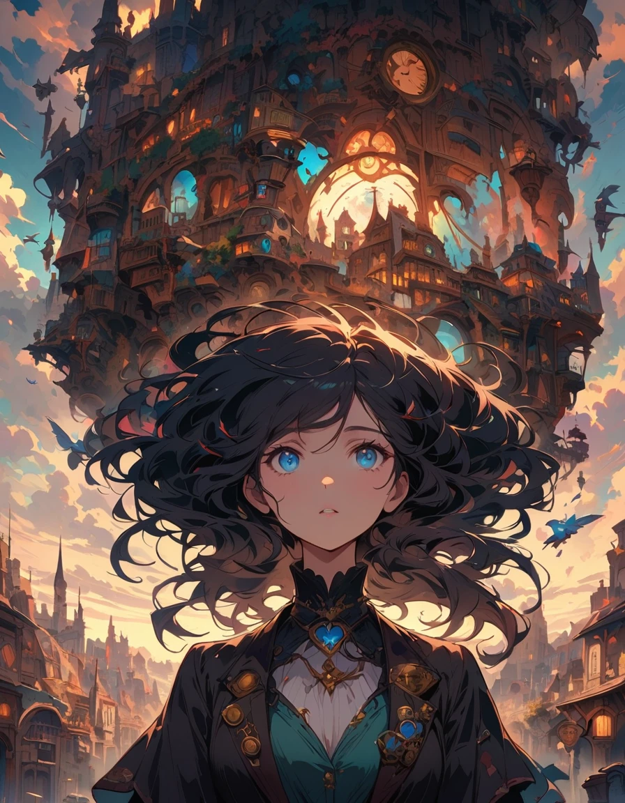 anime style, In a steampunk world, a helicopter powered by steam and gears flies above the city, BREAK passing over the head of a girl standing on a hilltop. She looks up at the massive machine with eyes full of surprise and admiration, BREAK her gaze reflecting a longing for adventure and hope for the future. The surroundings are quiet, with only the occasional sound of the helicopter's blades carried by the wind.