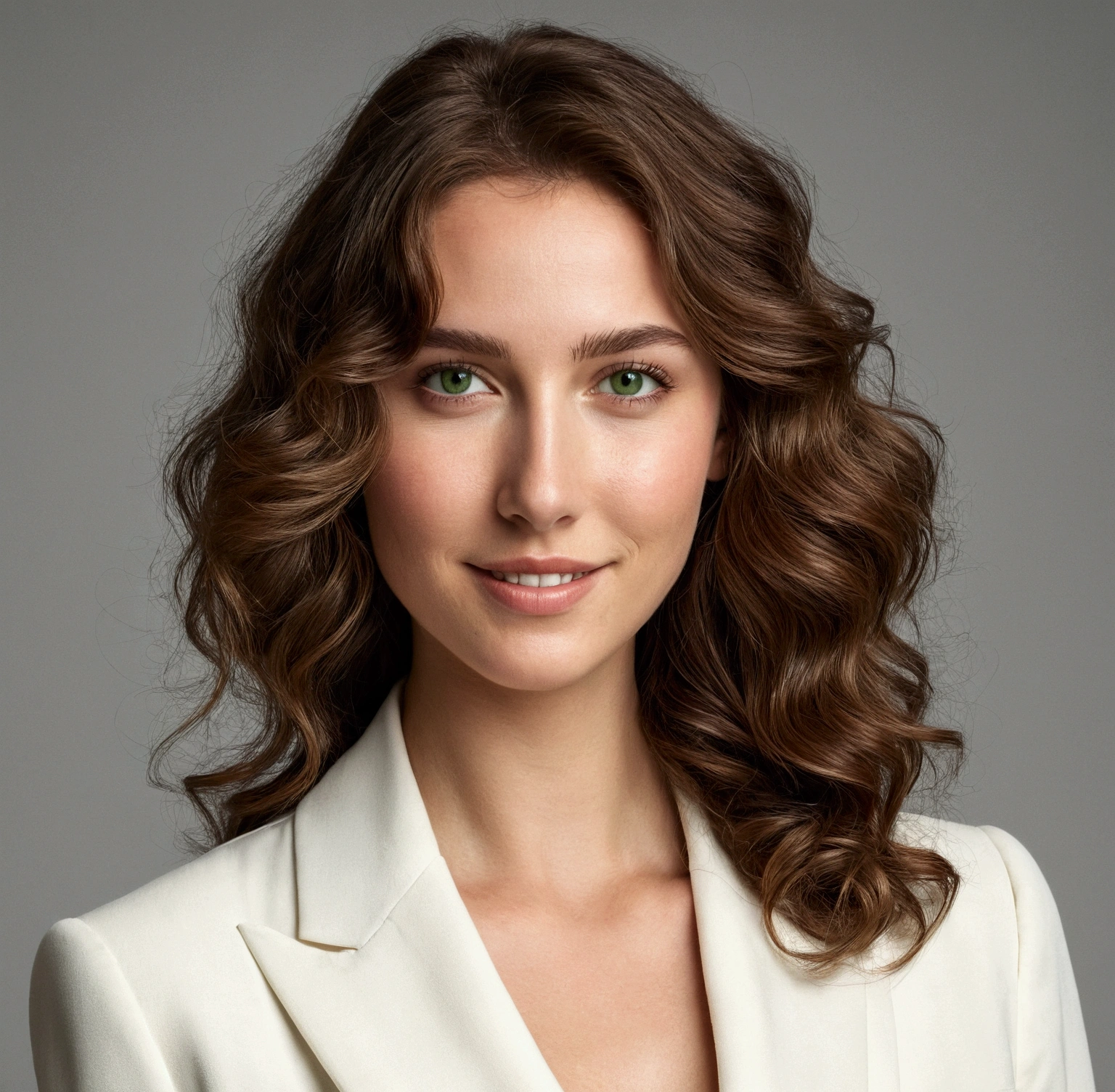 Please create a realistic image of a young woman with wavy brown hair and intense green eyes. She exudes a presence that combines elegance and charisma. Her facial expression is serene, conveying confidence and a gentle welcoming smile. Her hair is loose, with soft waves cascading naturally over her shoulders. She is dressed in an elegant blazer in neutral tones and a simple white blouse, adding a touch of sophistication to her style. The background of the image is neutral to emphasize her figure. Soft lighting highlights her delicate facial features and the green eyes that capture light intensely and captivatingly.