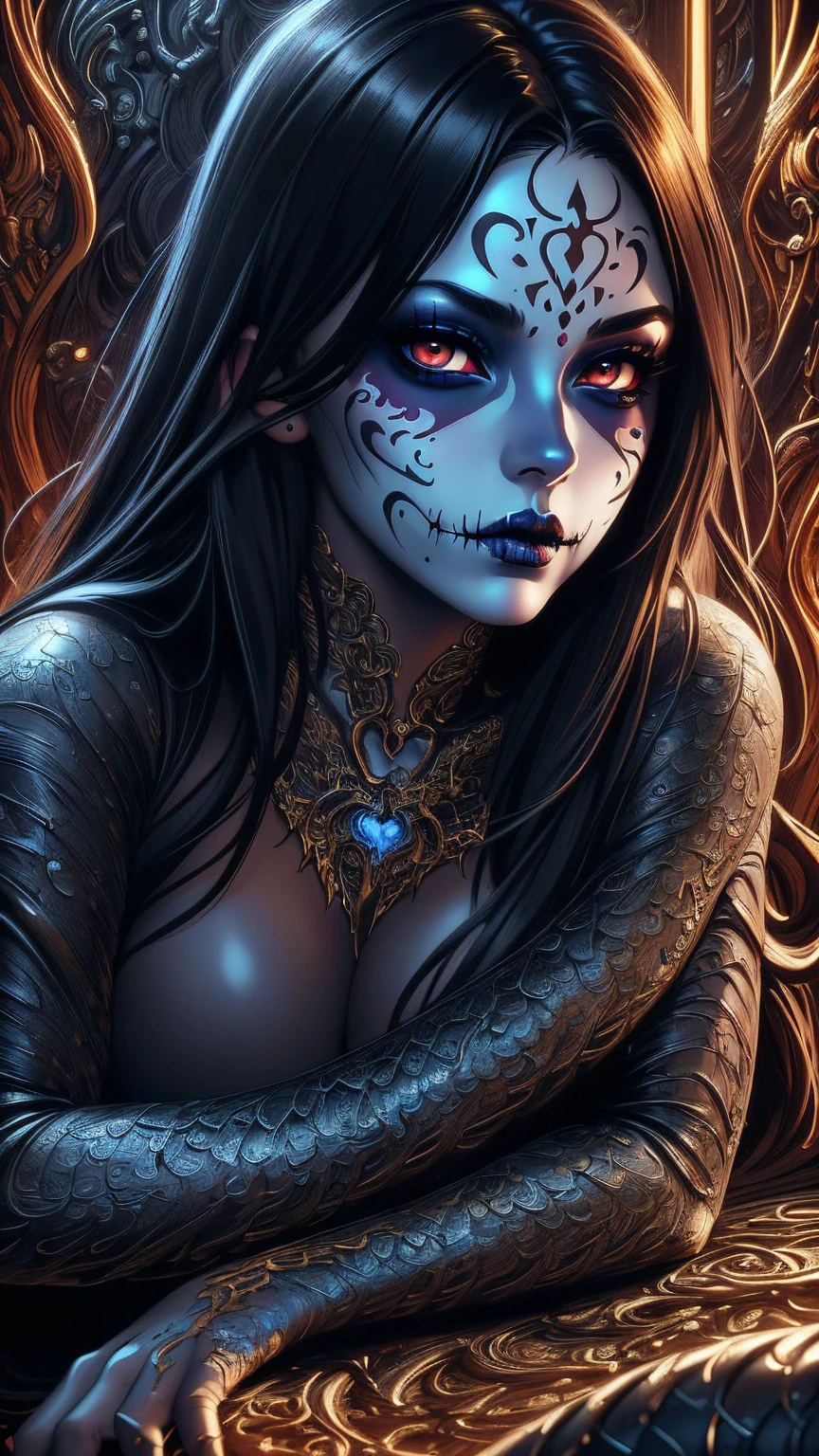 1girl, full body portrait, succubus, day of the dead facepaint and bodypaint, crawling on the floor on hands and knees, scary detailed art in color, sexual demeanour, aroused expression, skin scales, busty, curvy hips, stretch marks, sexy, alluring, erotic posing with open legs, naked, au naturel, nude , no underpants, pubic hair, highly detailed fantasy art, beautiful fantasy art portrait, intricate detailed digital art, highly detailed digital painting, digital art fantasy art, mark brooks detailed, detailed fantasy digital art, amazing detail digital art, close-up portrait demoness skull, by Todd Lockwood, liquid metal girl