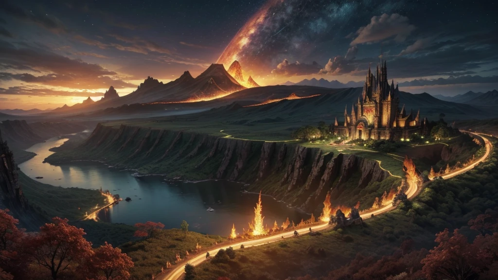 The Land of Dragons is a mystical realm where towering mountains house vast caves filled with treasure, and rivers of lava snake through lush forests. Majestic dragons dominate the skies, their shimmering scales reflecting the golden and red light of the sunset. Harmoniously constructed cities intertwine with nature, where humans and dragons coexist in a sacred alliance. Every element of the landscape pulses with ancient magic, creating a place where legends are born and every day is a new adventure filled with wonder and mystery.