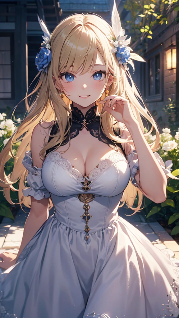 masterpiece、Highest quality、High resolution、High-quality images、8K, 18 year old adult female、Skin Radiance、Texture of skin and clothing、Expression of fine eyes、Shiny blonde hair、Long Hair Girl、dress, Beautiful bright light blue eyes, Fuller lips, Gorgeous face with attention to detail, (Cute Smile), charm, Innocent, (Perfectly detailed face), (Beautiful Hands) Photorealistic images, Written boundary depth, flower、sun、Big Breasts、garden、、Feather ornament、White clothes、goddess