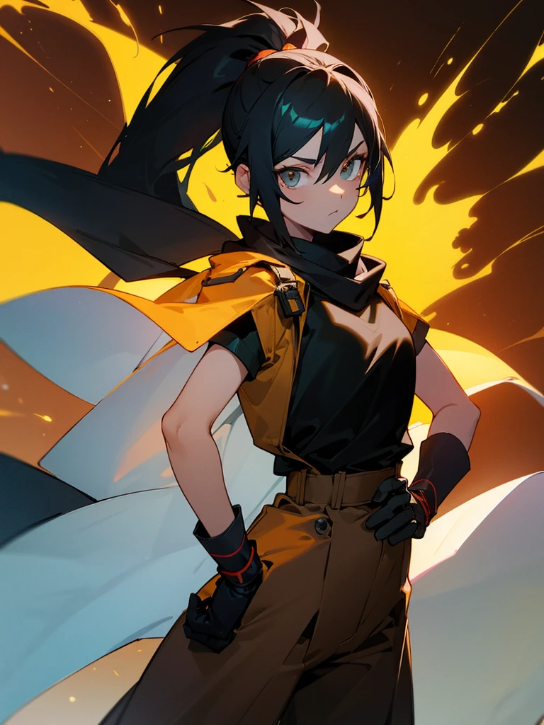 Yellow goggle helmet Shadowed face, Black gloves, Ponytail, Black T-shirt, Brown pants, Flame background, White cape, Black scarf, Androgynous, Hands on hips pose