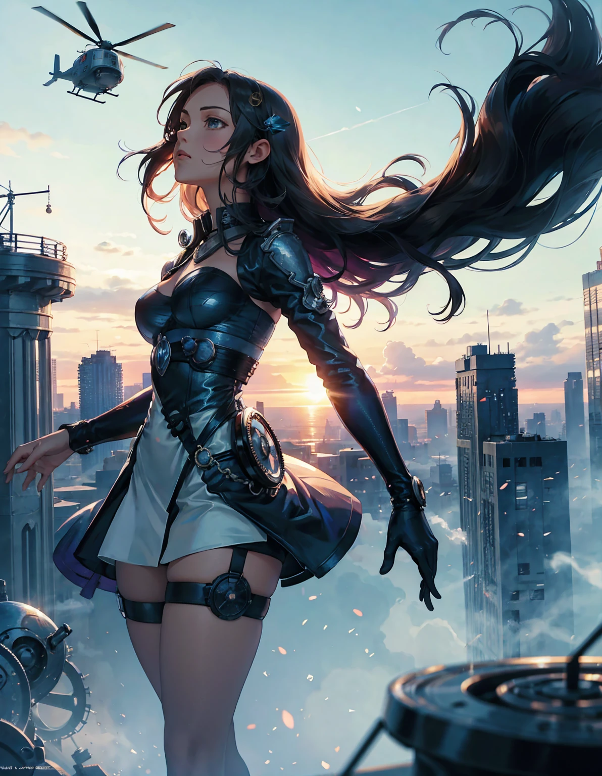anime style, In a steampunk world, a helicopter powered by steam and gears flies above the city, BREAK passing over the head of a girl standing on a hilltop. She looks up at the massive machine with eyes full of surprise and admiration, BREAK her gaze reflecting a longing for adventure and hope for the future. The surroundings are quiet, with only the occasional sound of the helicopter's blades carried by the wind.