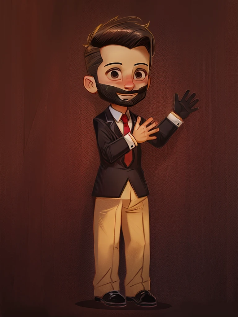 A man with a bushy beard, brunette hair but with a blonde topknot, wearing a black suit with a red tie, cartoon style - Renan Souzones 