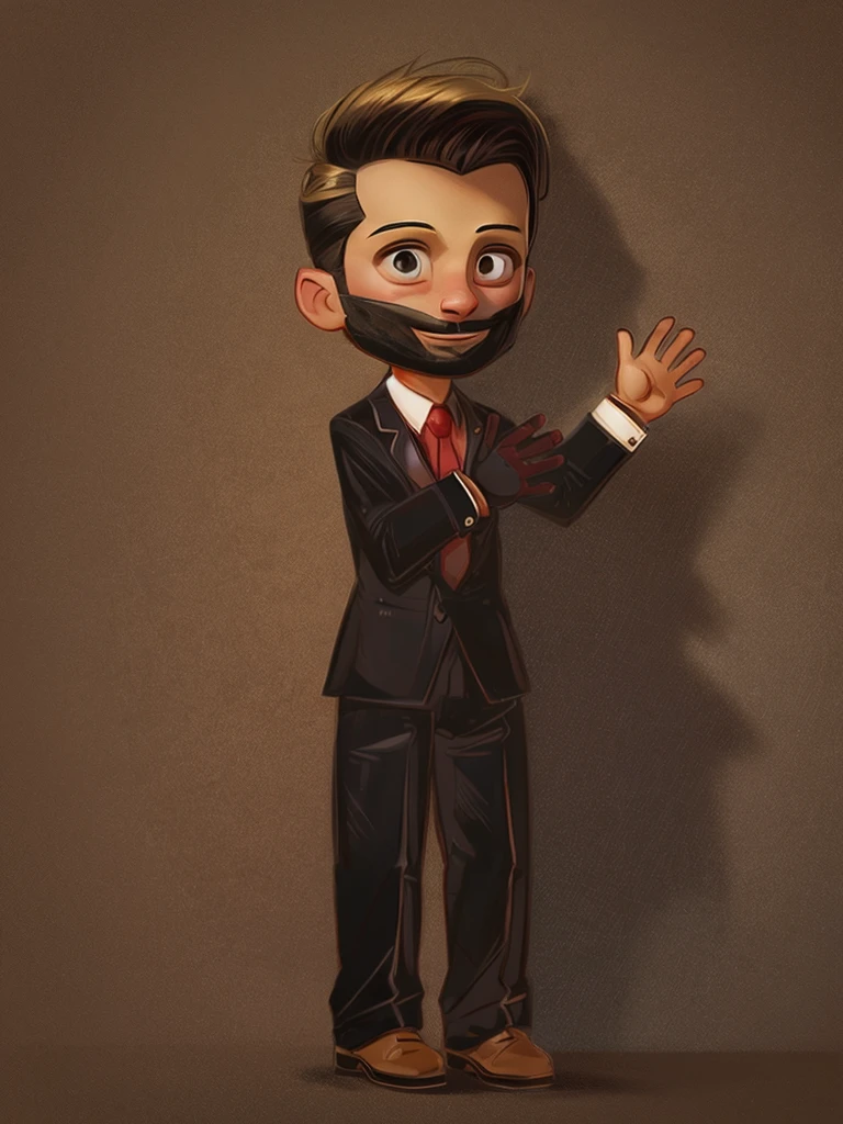 A man with a bushy beard, brunette hair but with a blonde topknot, wearing a black suit with a red tie, cartoon style - Renan Souzones 